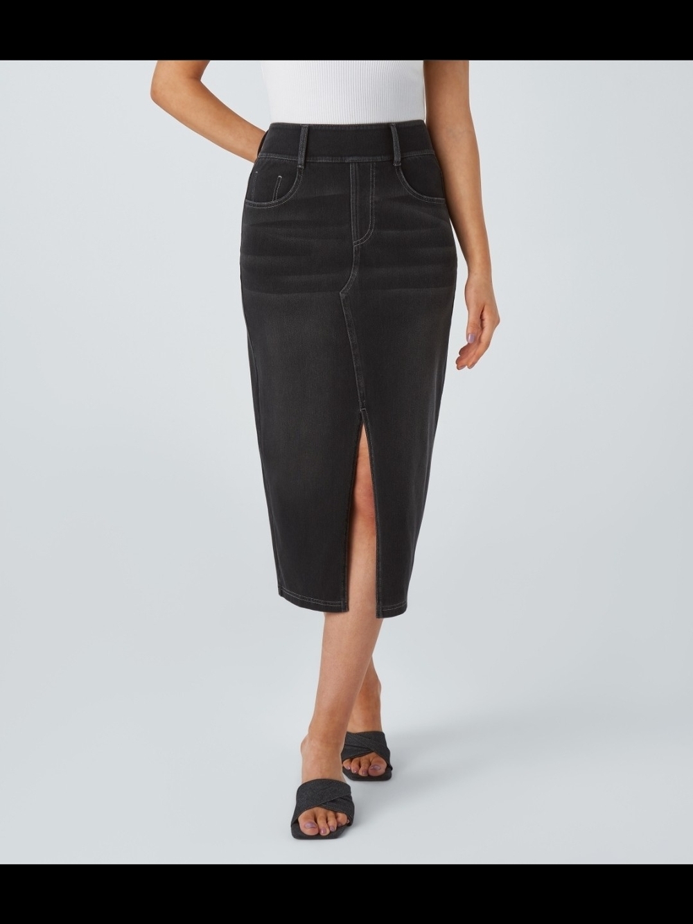 Halara Flex™ High Waisted Pockets Bodycon Washed Denim Casual Midi Skirt